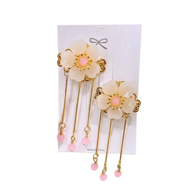 2Pcs Butterfly Flower Handmade Chinese Style Hair Clip with Tassel for Girls